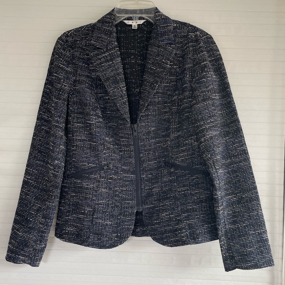 CAbi Navy and White Tweed Zip-Front Blazer